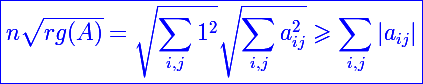 \blue\Large\boxed{n\sqrt{rg(A)}=\sqrt{\sum_{i,j}1^2}\sqrt{\sum_{i,j}a_{ij}^2}\geqslant\sum_{i,j}|a_{ij}|}
